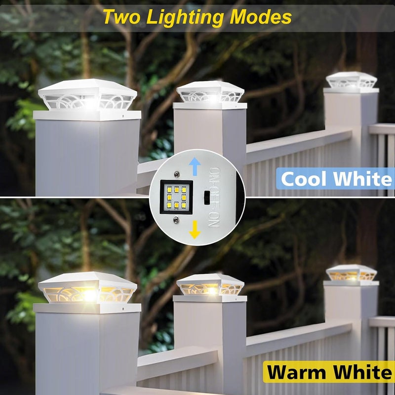 T-SUN Solar Post Cap Lights 6 Pack – Outdoor Waterproof Fence Lights for 3.5x3.5 4x4 5x5 5.5x5.5 Wood/Vinyl Posts, with 2 Brightness Modes Solar Deck Light for Patio, Garden, Porch(White) - Image 2